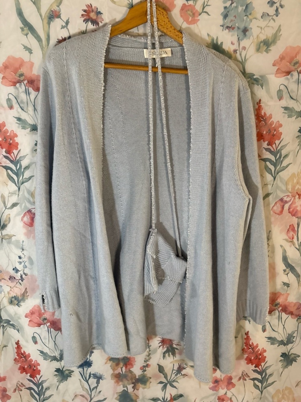 Vintage Escada Light Blue Open-Front Women's Cardigan with Tie Detail